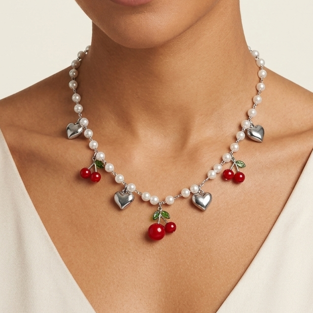 CHERRY PEARLS COLLANA - ACCIAIO inossidabile - Collana catena charms frutta CILIEGIE