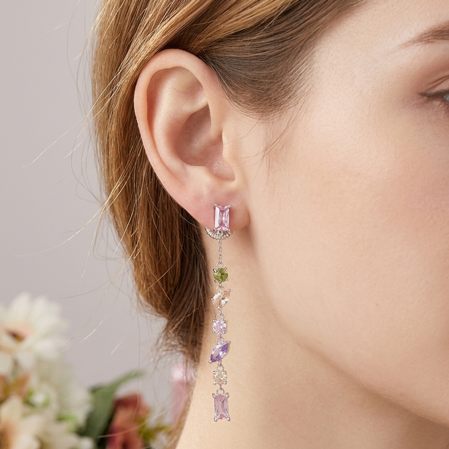 GLOWY SPRING RAINBOW ~ paio Orecchini pendenti pietre cubic zirconia stile saliscendi