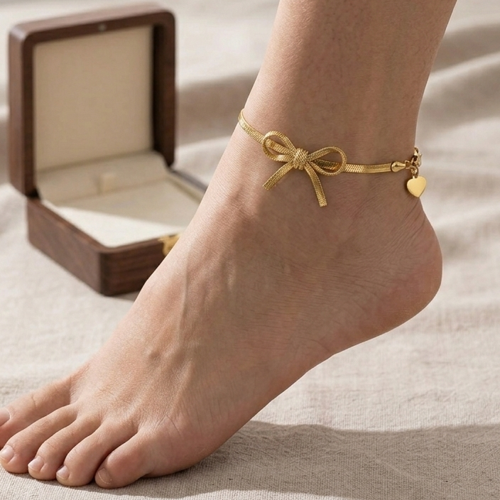 ELEONOR BOW ~ Cavigliera in ACCIAIO INOSSIDABILE catena snake piatta