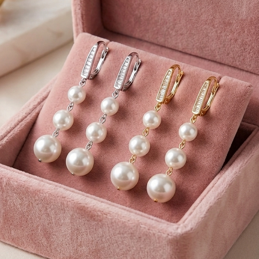 AUDREY PENDANTS ~ Orecchini pendenti con hoop zirconato e perle