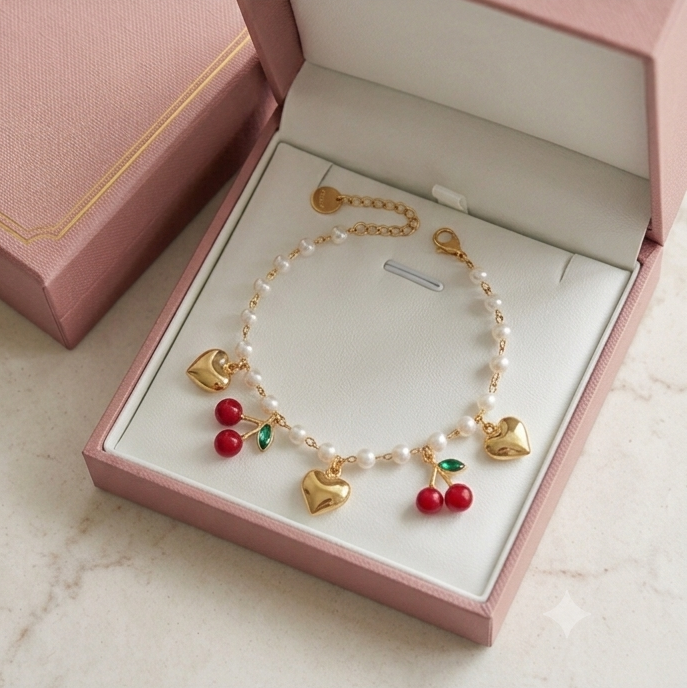 CHERRY PEARLS BRACELET  - ACCIAIO inossidabile - Bracciale catena charms frutta CILIEGIE + cuori bombè