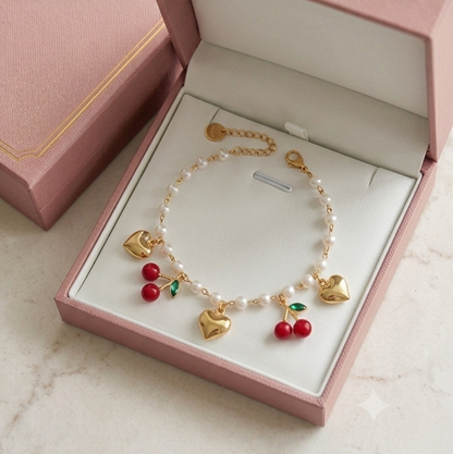 CHERRY PEARLS BRACELET  - ACCIAIO inossidabile - Bracciale catena charms frutta CILIEGIE + cuori bombè
