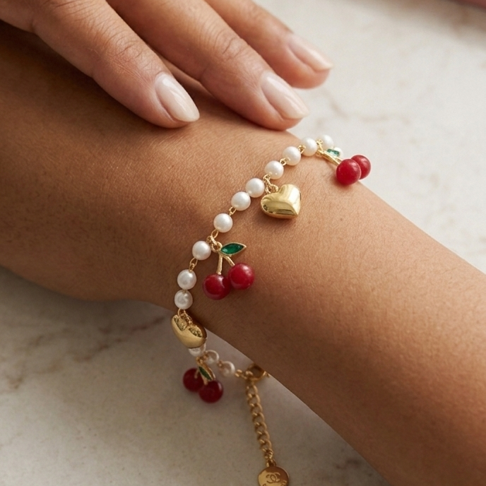 CHERRY PEARLS BRACELET  - ACCIAIO inossidabile - Bracciale catena charms frutta CILIEGIE + cuori bombè