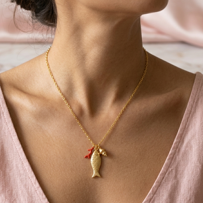 CORALINE FISH Collana ~ ACCIAIO INOSSIDABILE - Collana catenina con ciondoli marini, corallo, conchiglia