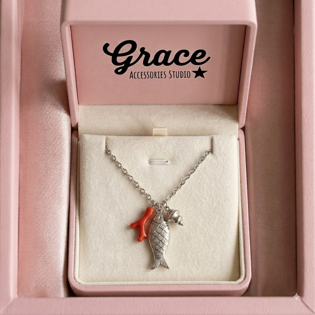 CORALINE FISH Collana ~ ACCIAIO INOSSIDABILE - Collana catenina con ciondoli marini, corallo, conchiglia
