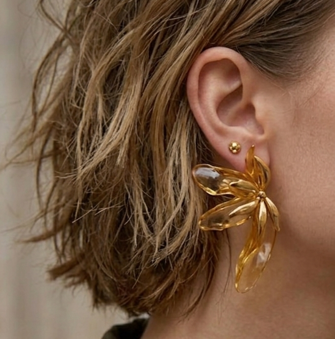 NINFEA ~ paio ORECCHINI maxi bottone con petali in acciaio inossidabile a forma di fiore