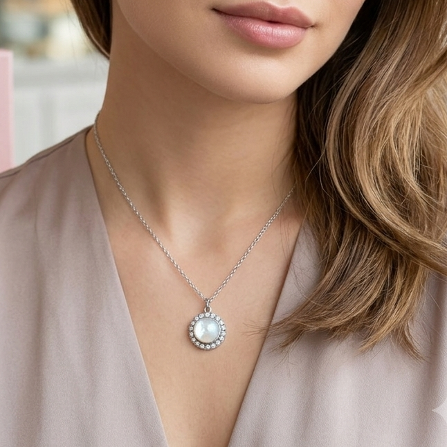 ELARA ~ ARGENTO 925 ~ Collana con solitario in madreperla naturale opale + cubic zirconia AAA
