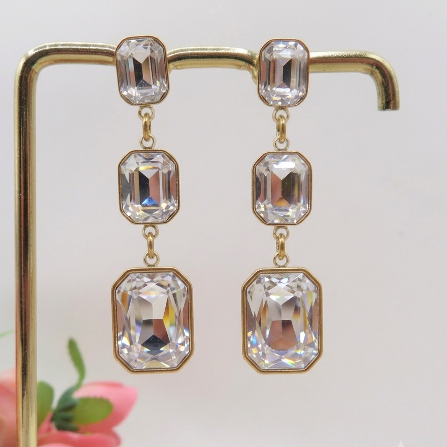 MARGOT DOUBLE SQUARE ~ ACCIAIO INOSSIDABILE ~ Orecchini pendenti con pietre sfaccettate