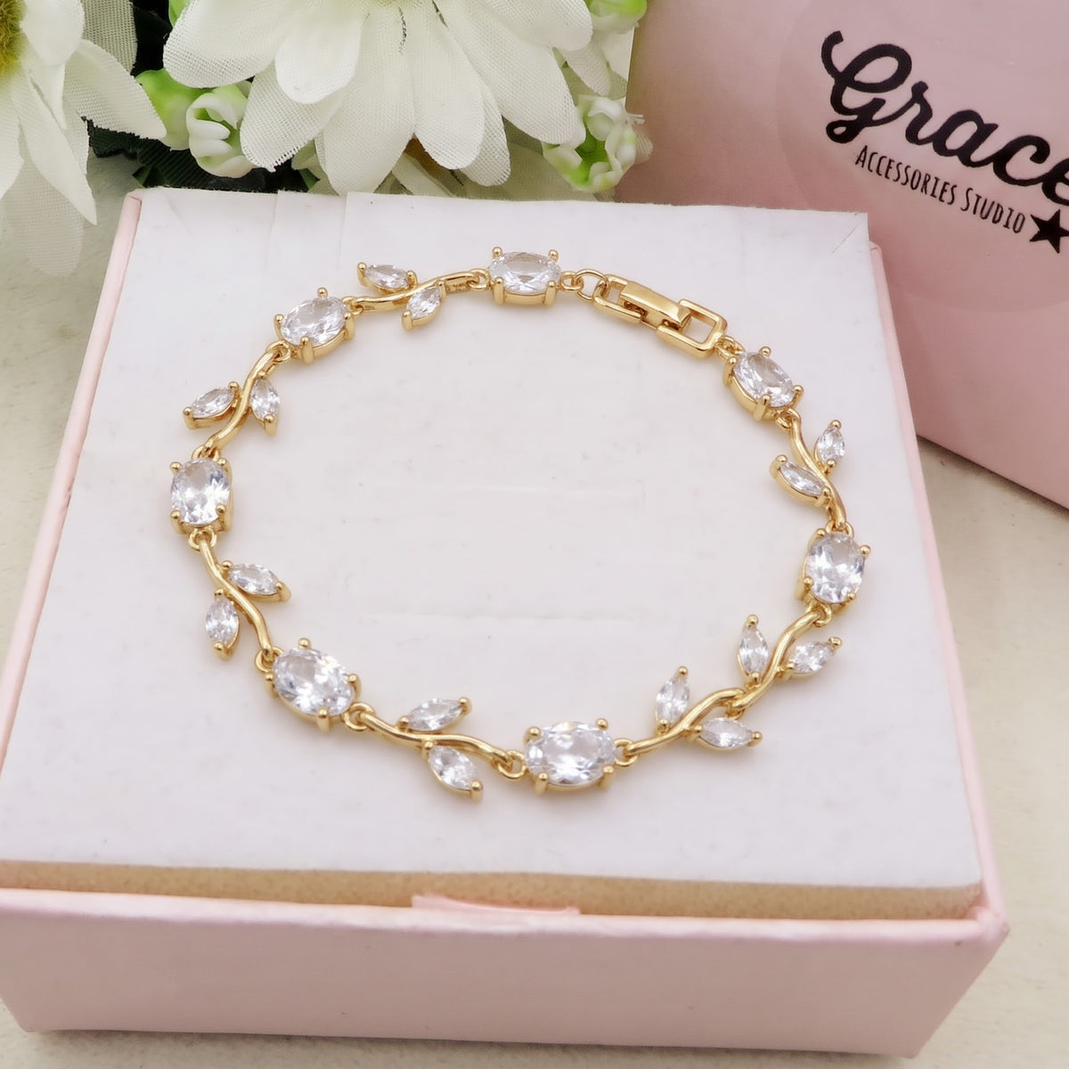 ROSAMUND ~ ACCIAIO INOSSIDABILE - Bracciale Tennis floreale con Cubic Zirconia