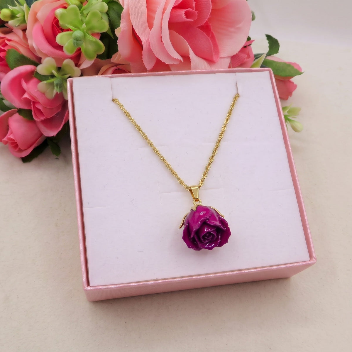 INFINITY ROSE ~ ACCIAIO inossidabile - Collana con bocciolo ROSA VERA e catena torchon