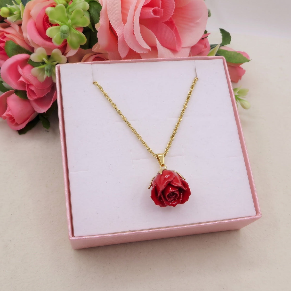 INFINITY ROSE ~ ACCIAIO inossidabile - Collana con bocciolo ROSA VERA e catena torchon