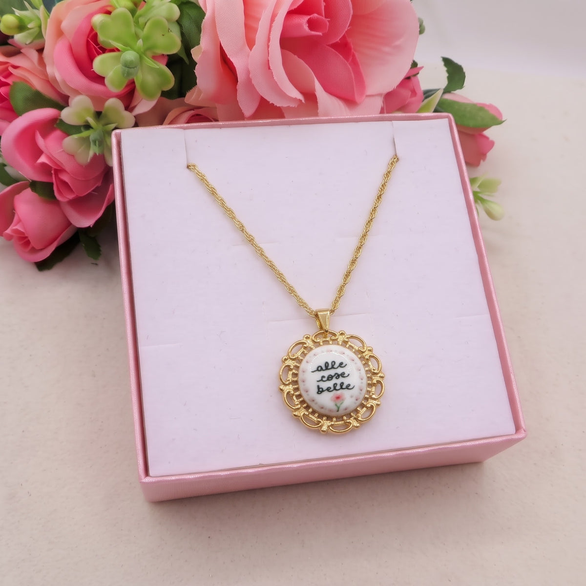 "Alle cose belle" Collana Pendente con fiore effetto vintage e catena torchon - ACCIAIO INOSSIDABILE