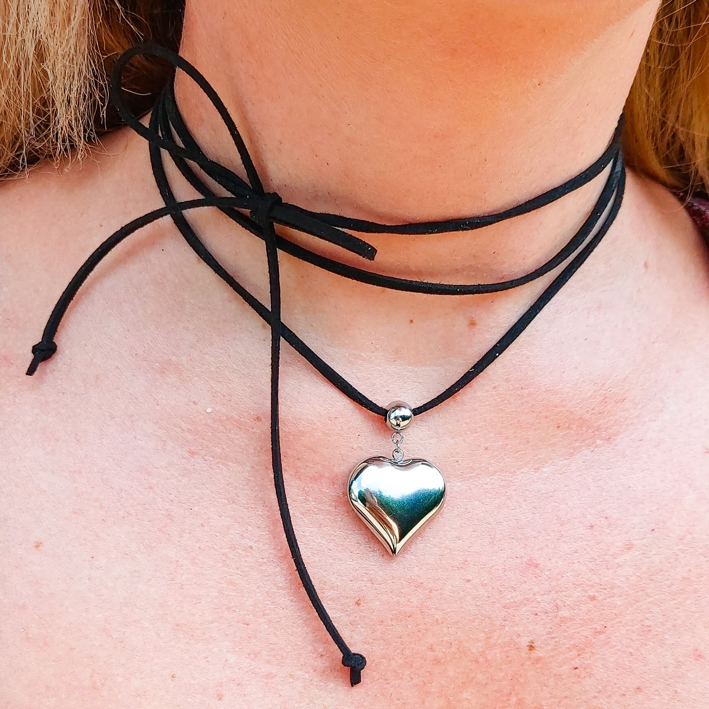 LOVE SUMMER - 12 Colori Collana cuore bombè ACCIAIO INOSSIDABILE con cordino camoscio