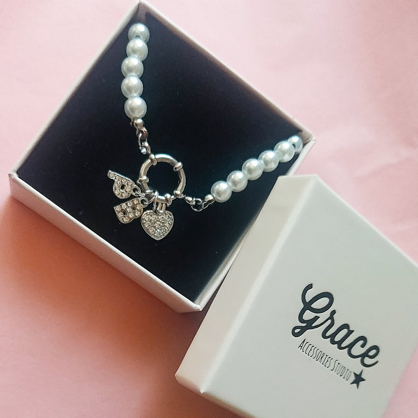 Collana perla PERSONALIZZATA ~ Timone con Doppia INIZIALE Zirconata in Acciaio inossidabile