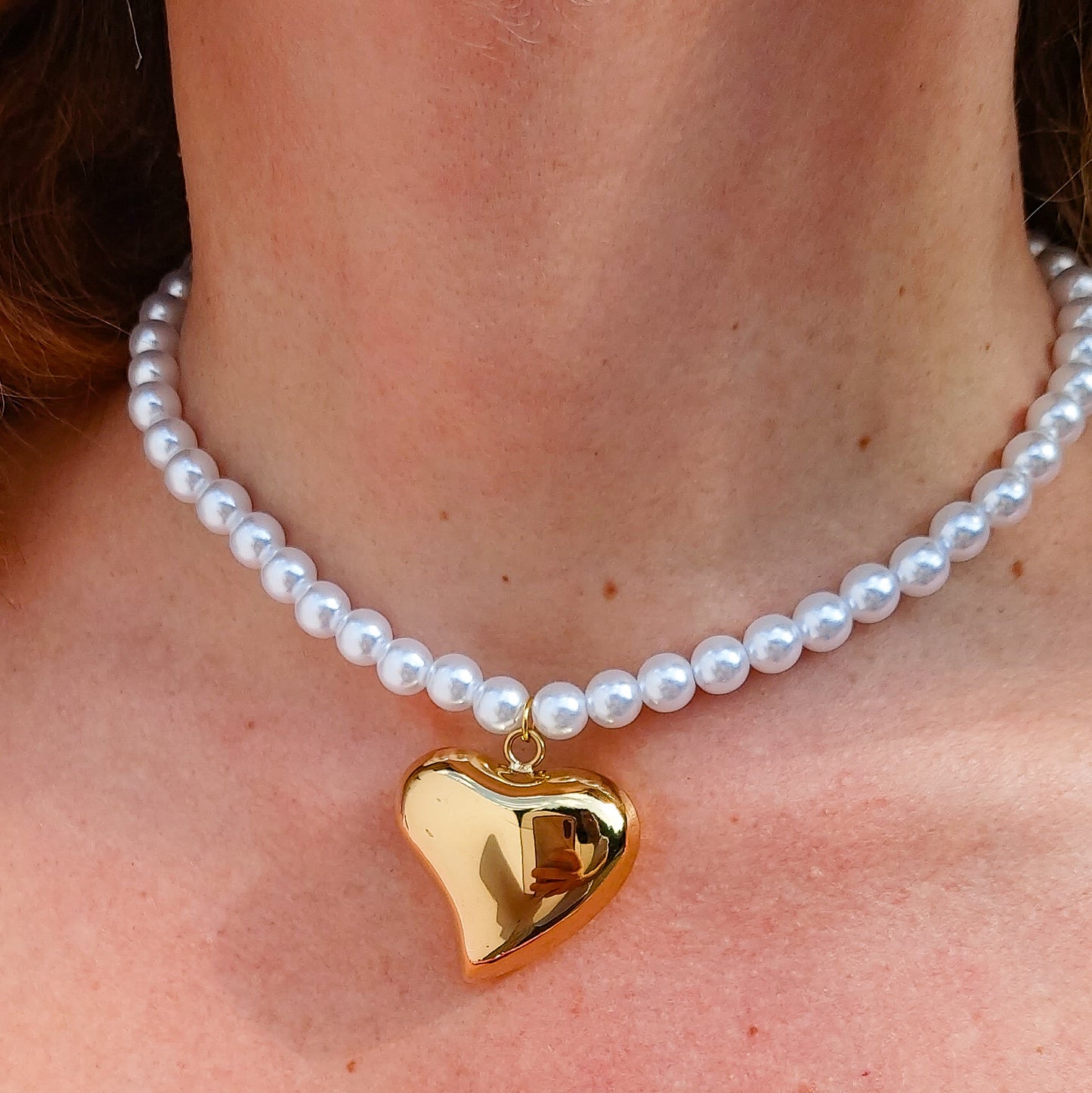 PEARLS BIG LOVE ~ ACCIAIO INOSSIDABILE - Collana perle 8mm ciondolo cuore bombè