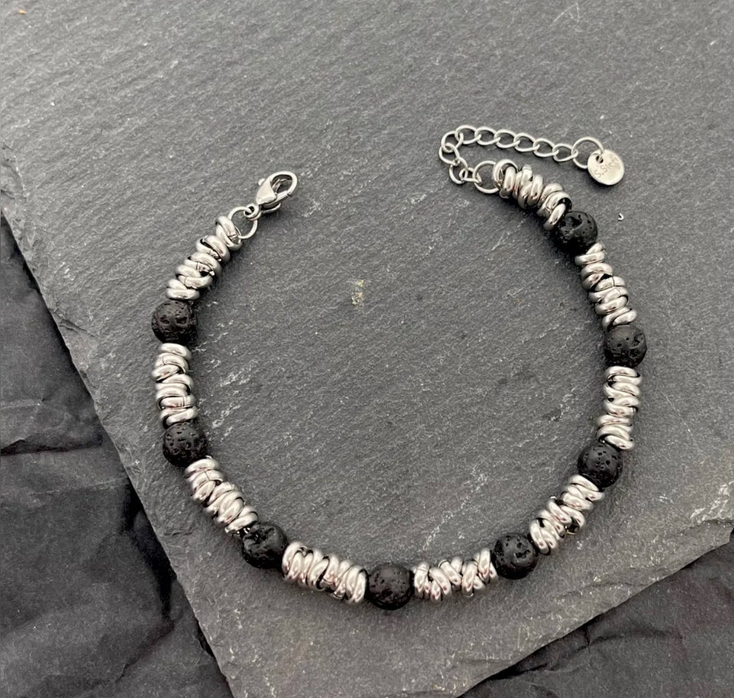 Bracciale uomo catena NODINI ACCIAIO INOSSIDABILE + perle black