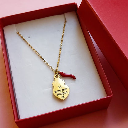 SACRED LUCKY ~ Collana charms cuore sacro e cornetto - ACCIAIO  inossidabile