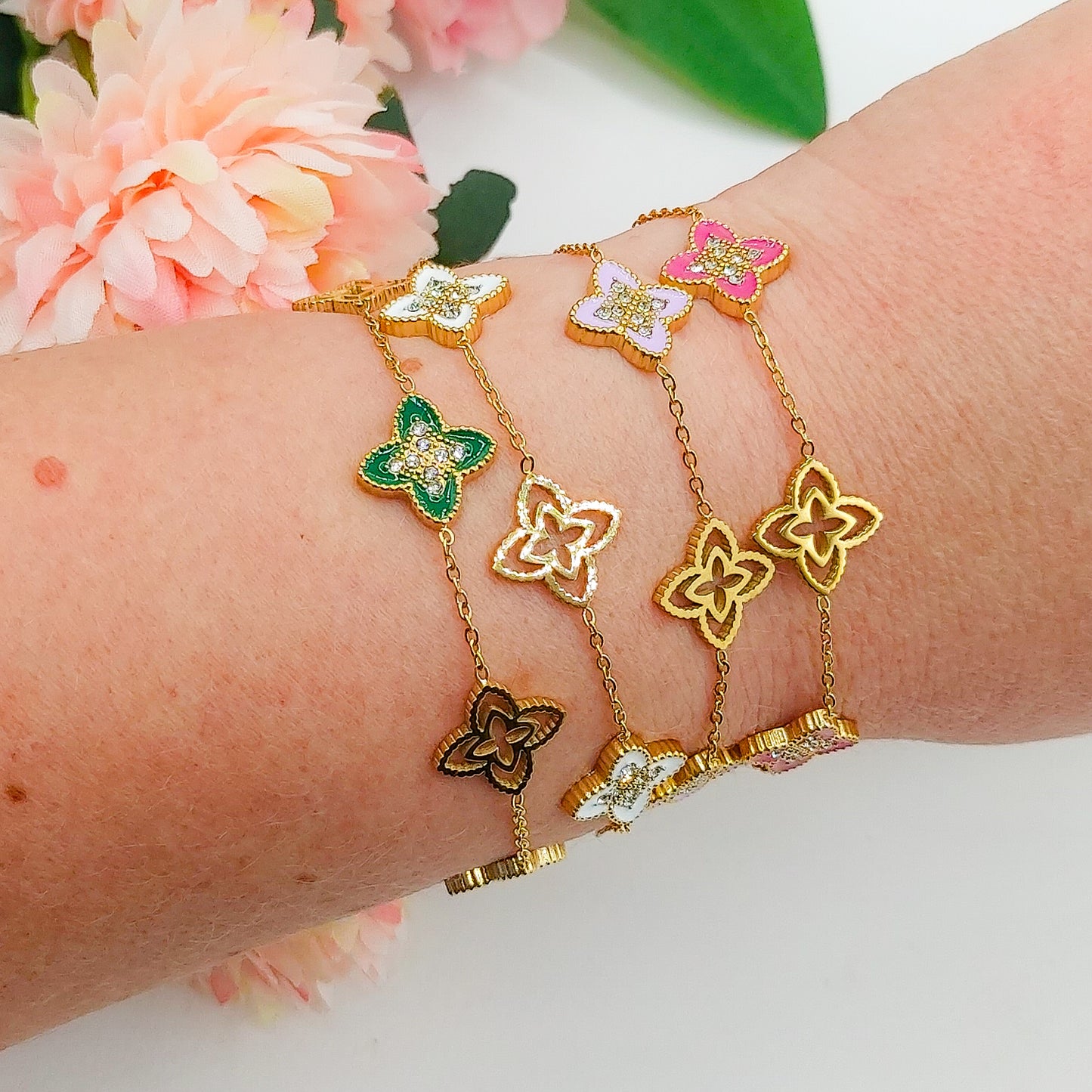 LILY SHINE ~ Bracciale flowers in ACCIAIO inossidabile smaltato + cubic zirconia