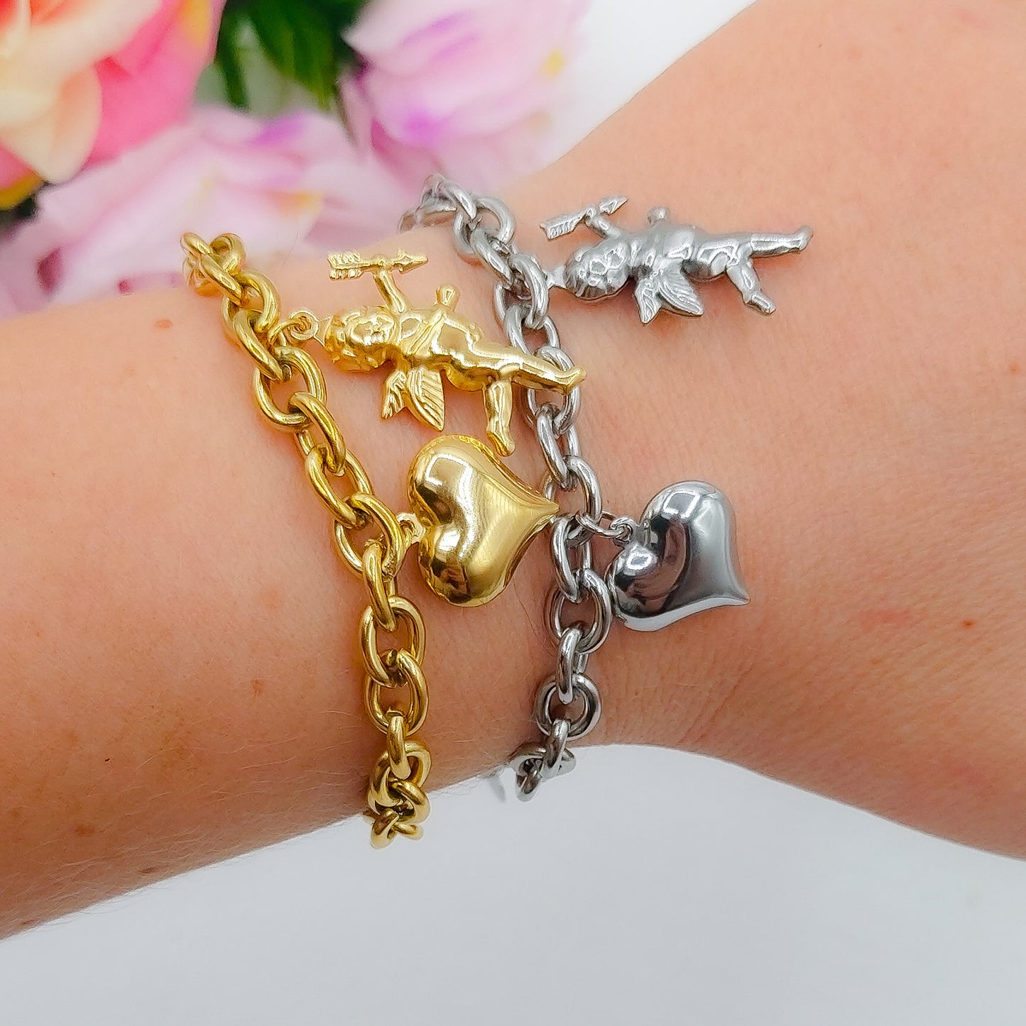 CUPID- Bracciale con angelo cupido e cuore bombe' ACCIAIO INOSSIDABILE