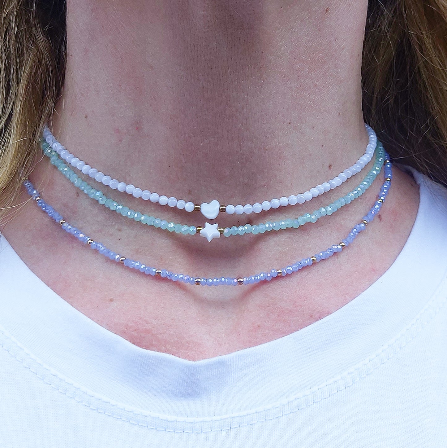 MARINA HEART - Collana perline Madreperla naturale cristallo e ACCIAIO inossidabile colori brillanti
