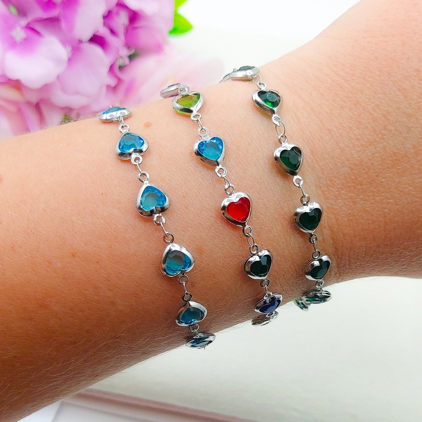 JANE ~ Bracciale ACCIAIO INOSSIDABILE con cuoricini in cristallo