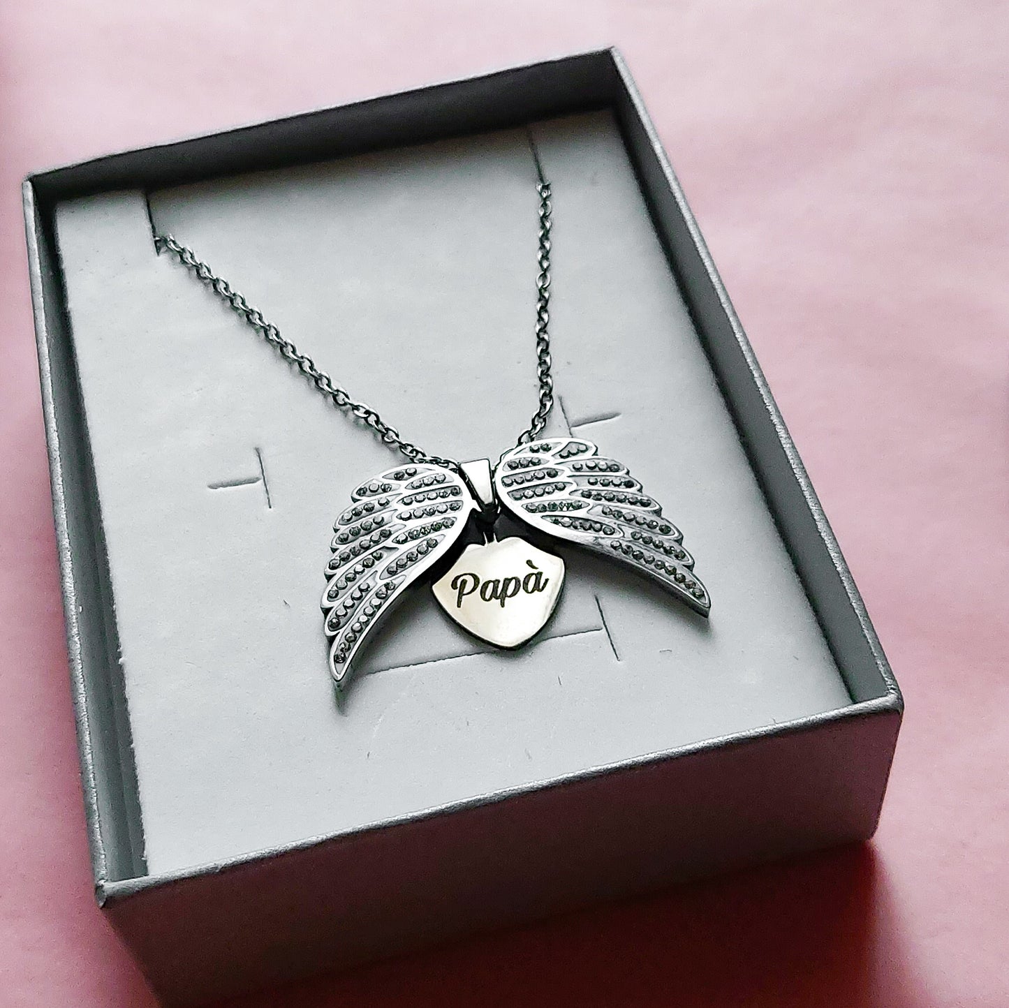 ANGEL HEART ~ ACCIAIO inossidabile - Collana ciondolo ali zirconate apribili con incisione PERSONALIZZATA