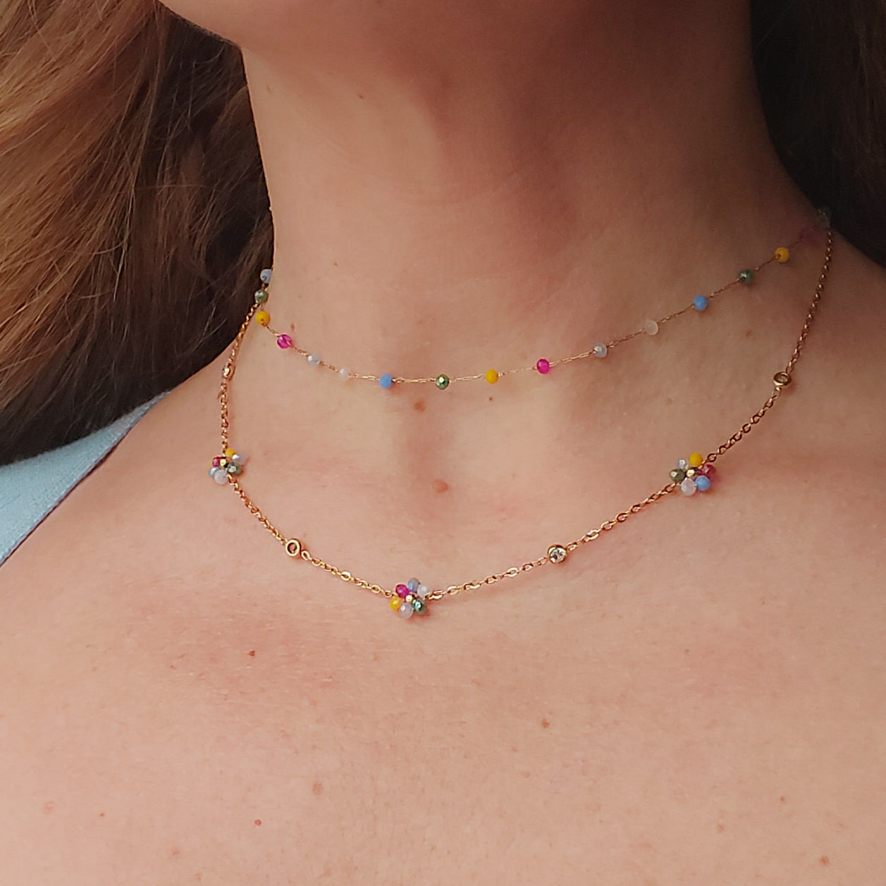DAISY  double ~ ACCIAIO INOSSIDABILE ~ Collana doppia 2 in 1 con fiori e cristalli