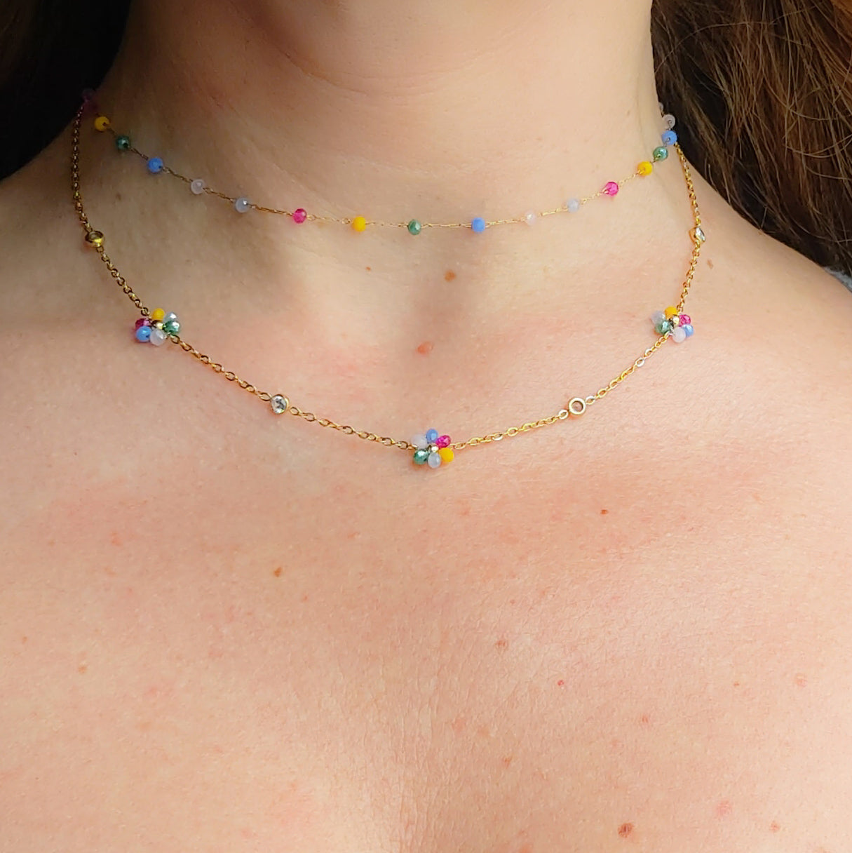 DAISY  double ~ ACCIAIO INOSSIDABILE ~ Collana doppia 2 in 1 con fiori e cristalli