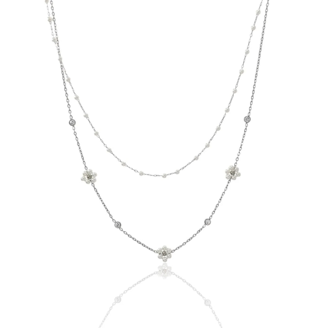 DAISY  double ~ ACCIAIO INOSSIDABILE ~ Collana doppia 2 in 1 con fiori e cristalli