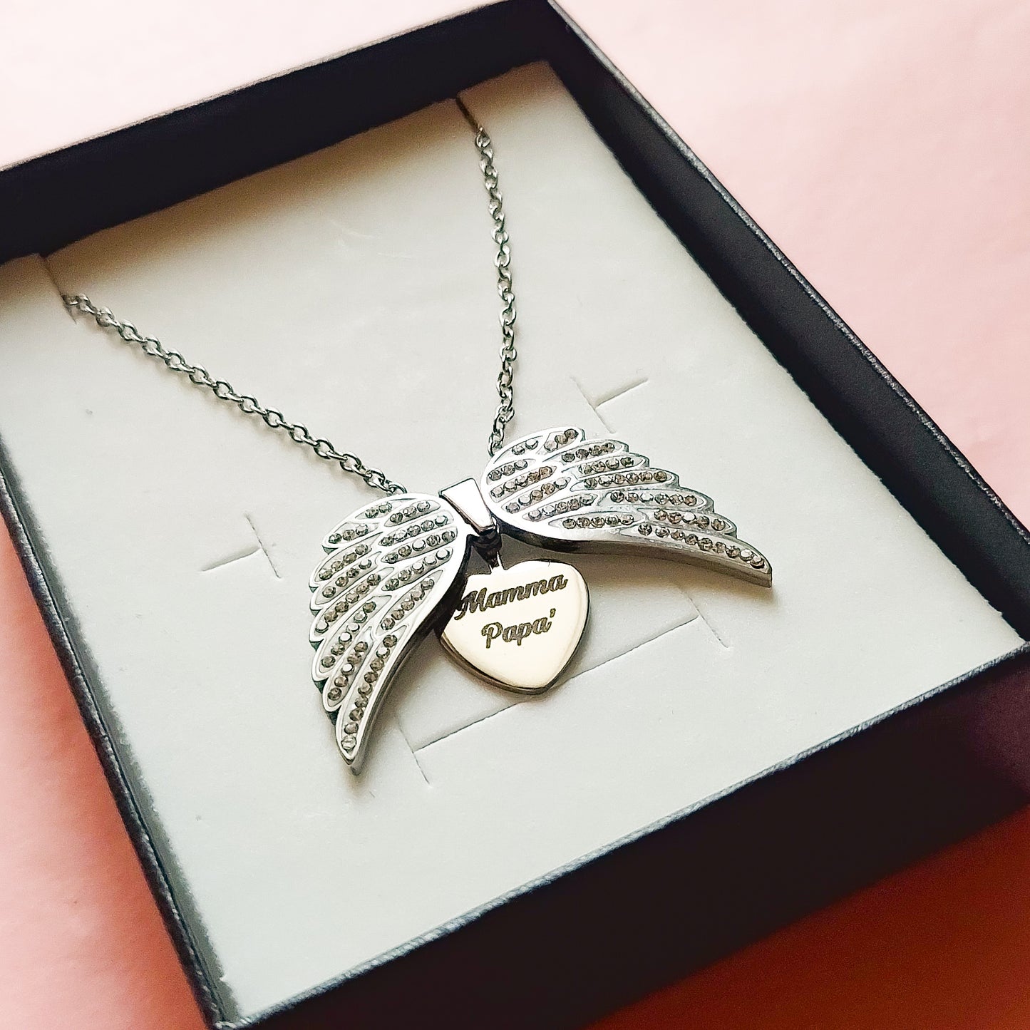 ANGEL HEART ~ ACCIAIO inossidabile - Collana ciondolo ali zirconate apribili con incisione PERSONALIZZATA