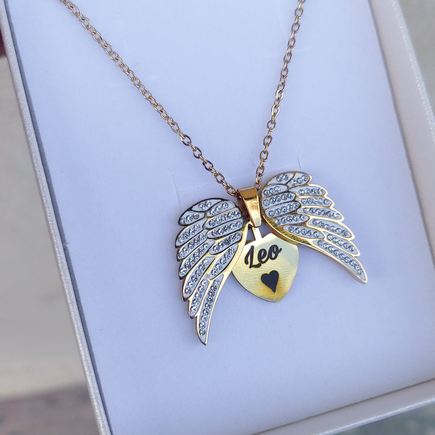 ANGEL HEART ~ ACCIAIO inossidabile - Collana ciondolo ali zirconate apribili con incisione PERSONALIZZATA