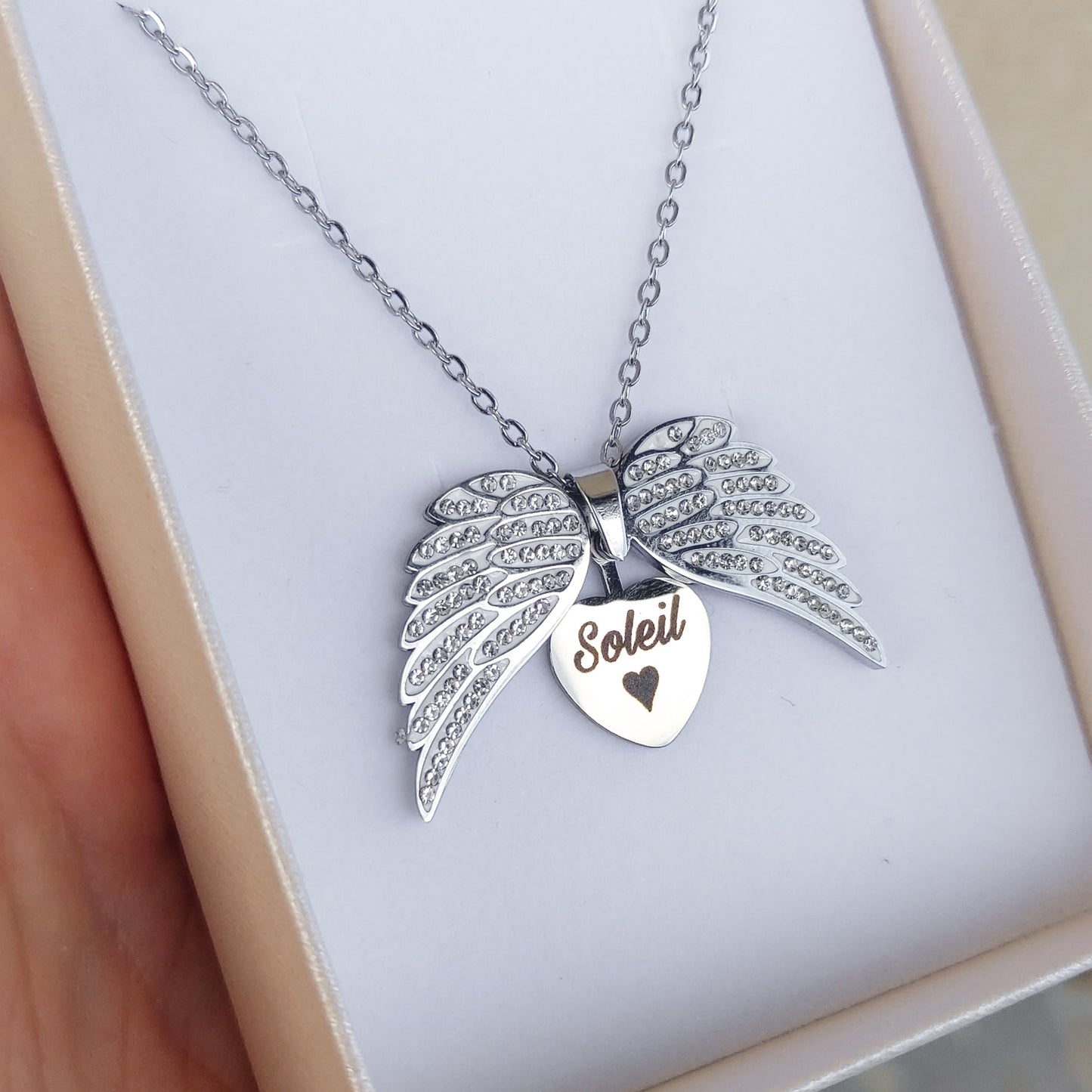 ANGEL HEART ~ ACCIAIO inossidabile - Collana ciondolo ali zirconate apribili con incisione PERSONALIZZATA