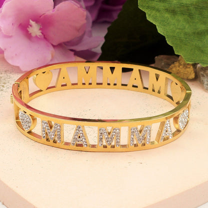 MAMMA BRACCIALE A MANETTA~ ACCIAIO INOSSIDABILE - CON SCRITTA MAMMA E ZIRCONI