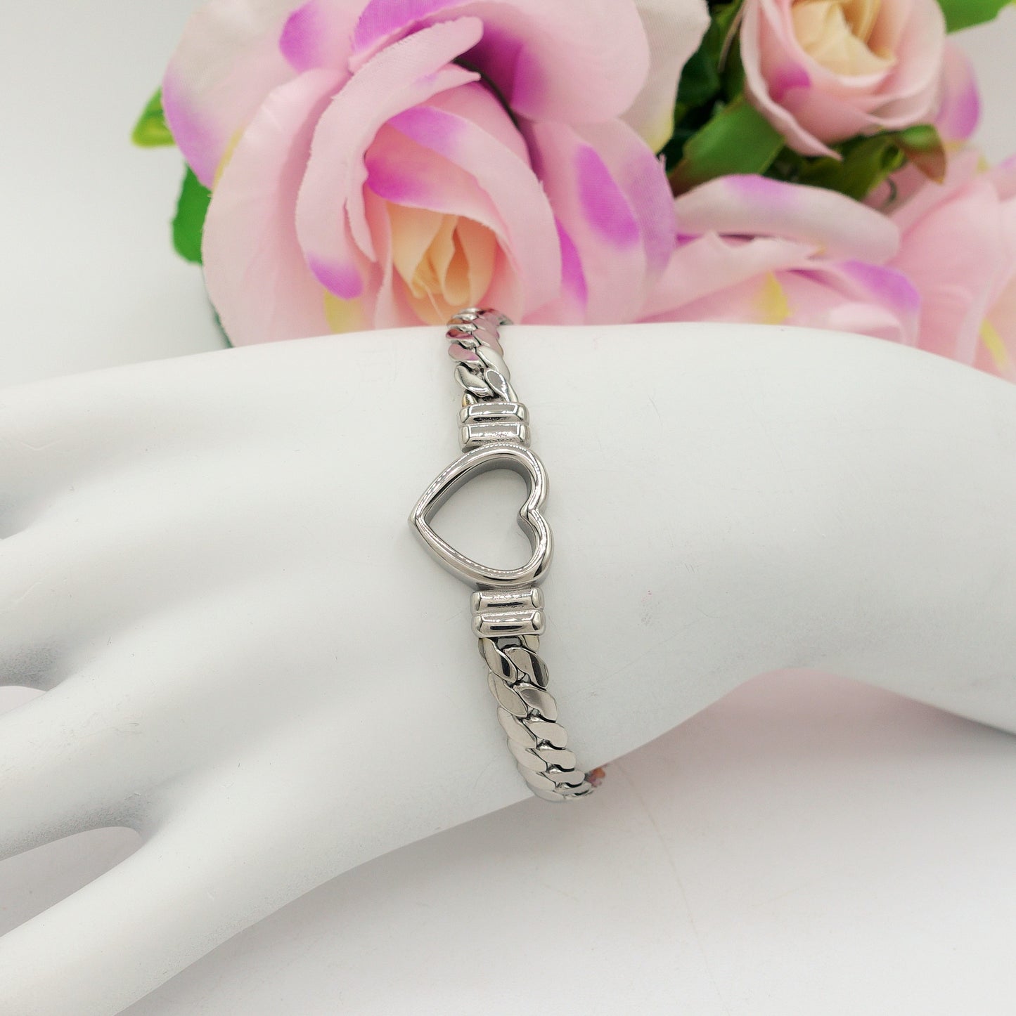 NOVA ~ Bracciale ACCIAIO INOSSIDABILE catena groumette e cuore