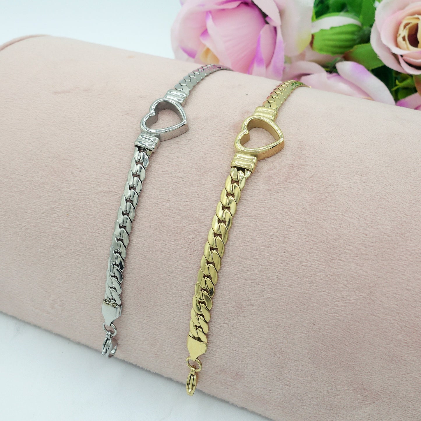 NOVA ~ Bracciale ACCIAIO INOSSIDABILE catena groumette e cuore
