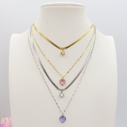 BLOSSOM ~ 2 in 1 Collana in ACCIAIO INOSSIDABILE doppia con cuore e cubic zirconia