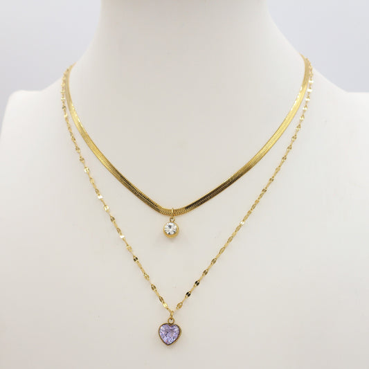 BLOSSOM ~ 2 in 1 Collana in ACCIAIO INOSSIDABILE doppia con cuore e cubic zirconia