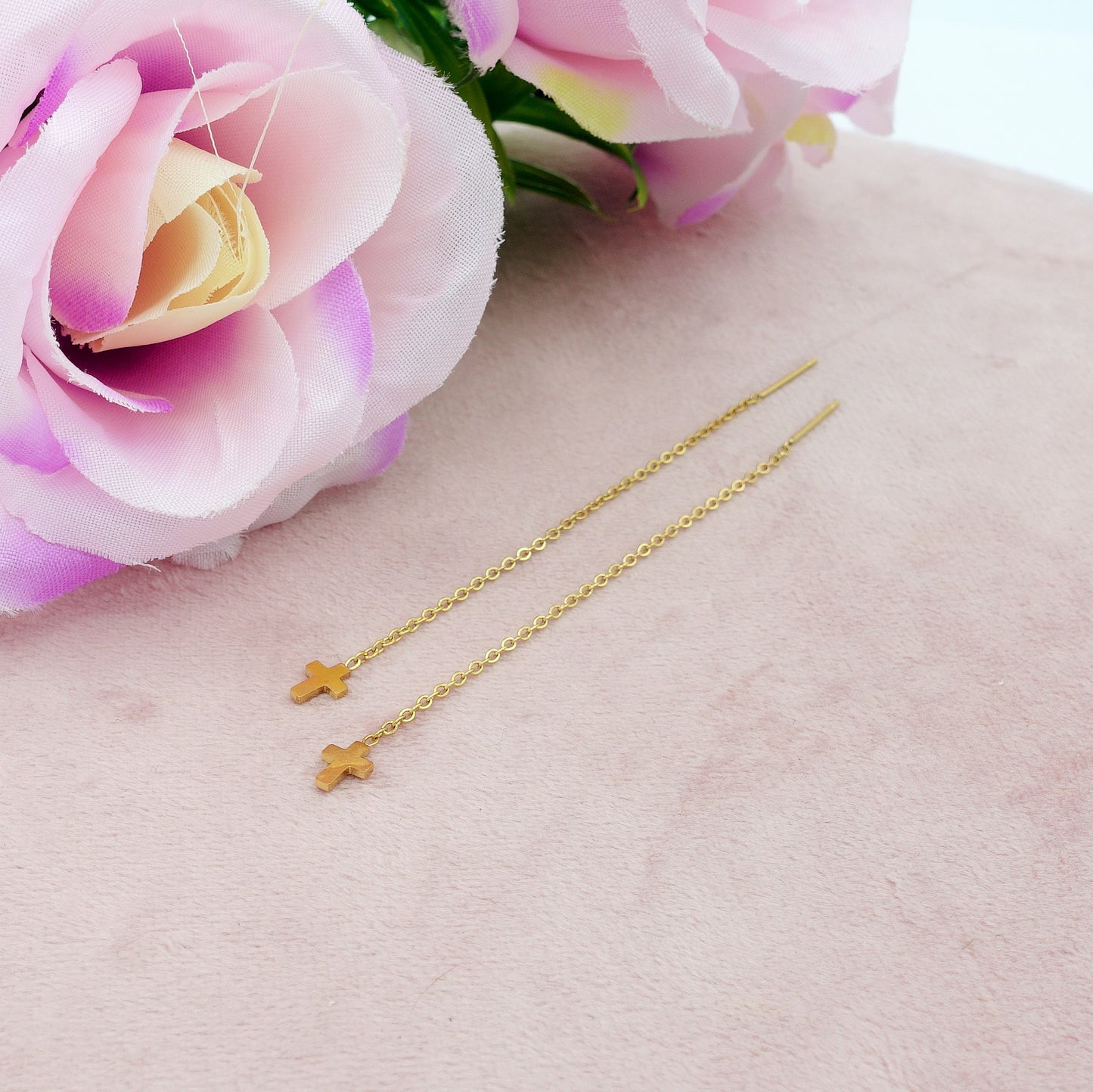 SHINY CROSS - Acciaio inossidabile ~ PAIO Orecchini filo pendenti con cubic zirconia - Ear Threader - Saliscendi