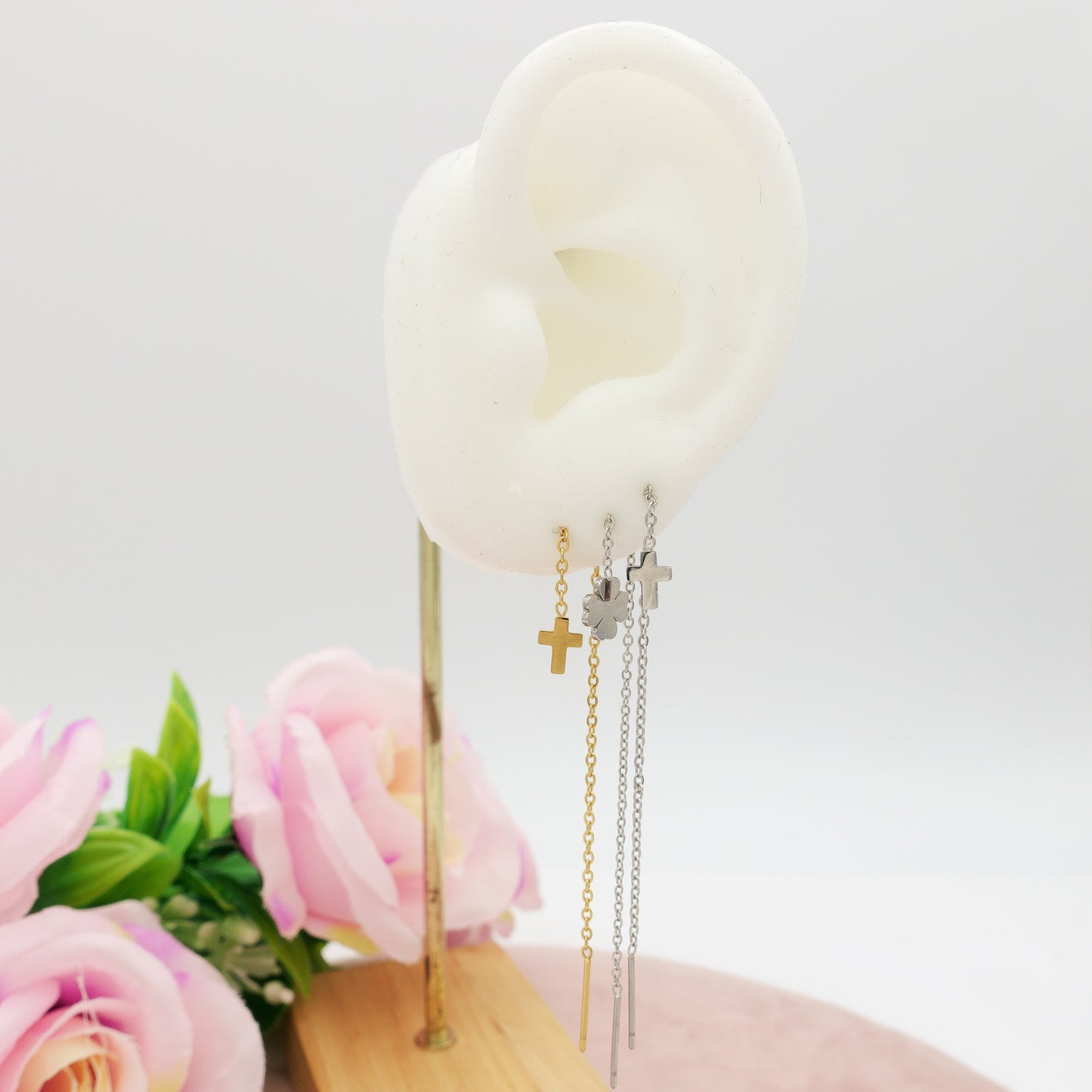 SHINY CROSS - Acciaio inossidabile ~ PAIO Orecchini filo pendenti con cubic zirconia - Ear Threader - Saliscendi
