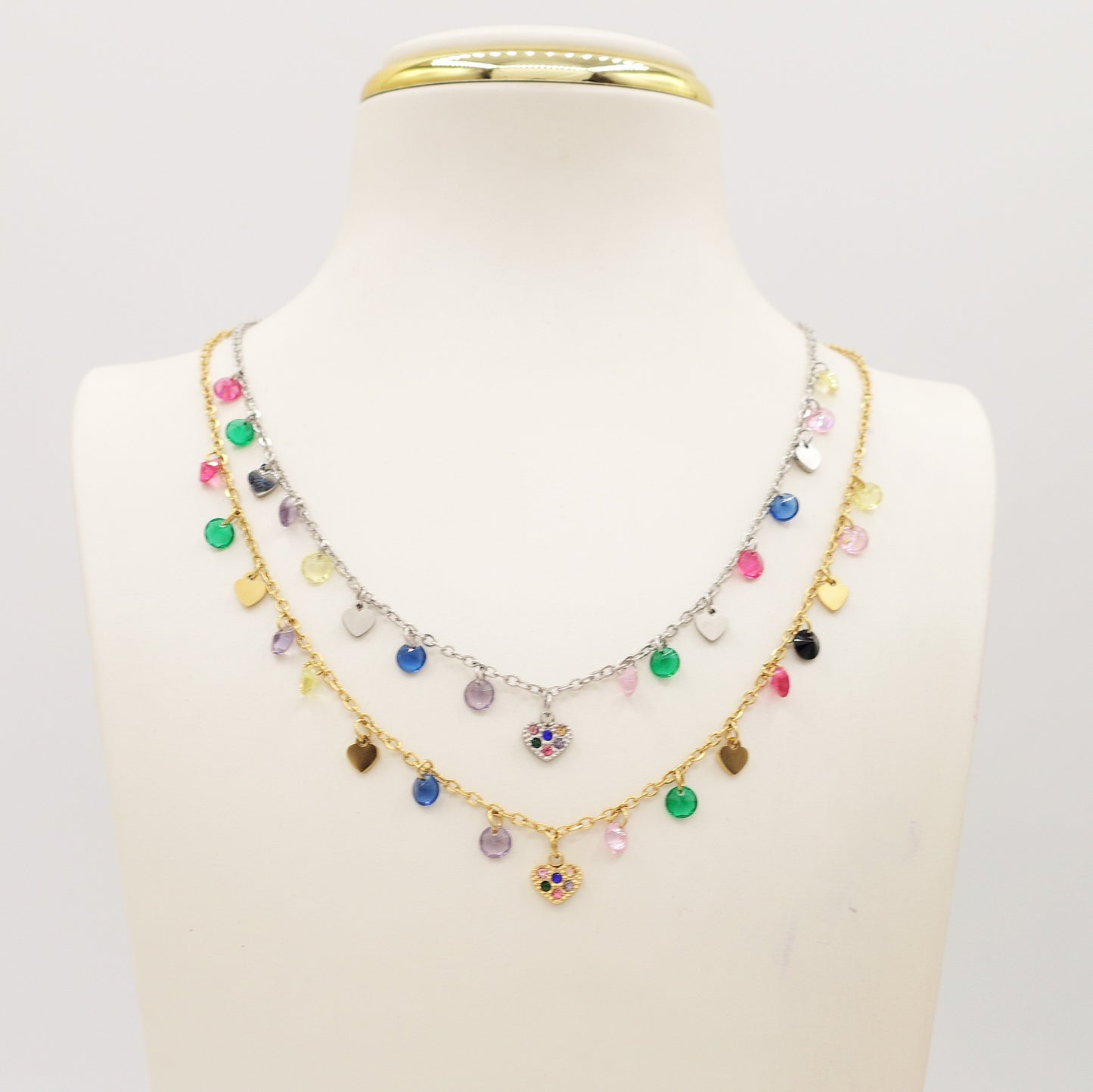 MEGAN ~ ACCIAIO INOSSIDABILE ~ Collana con ciondoli cristalli e cuoricino cubic zirconia