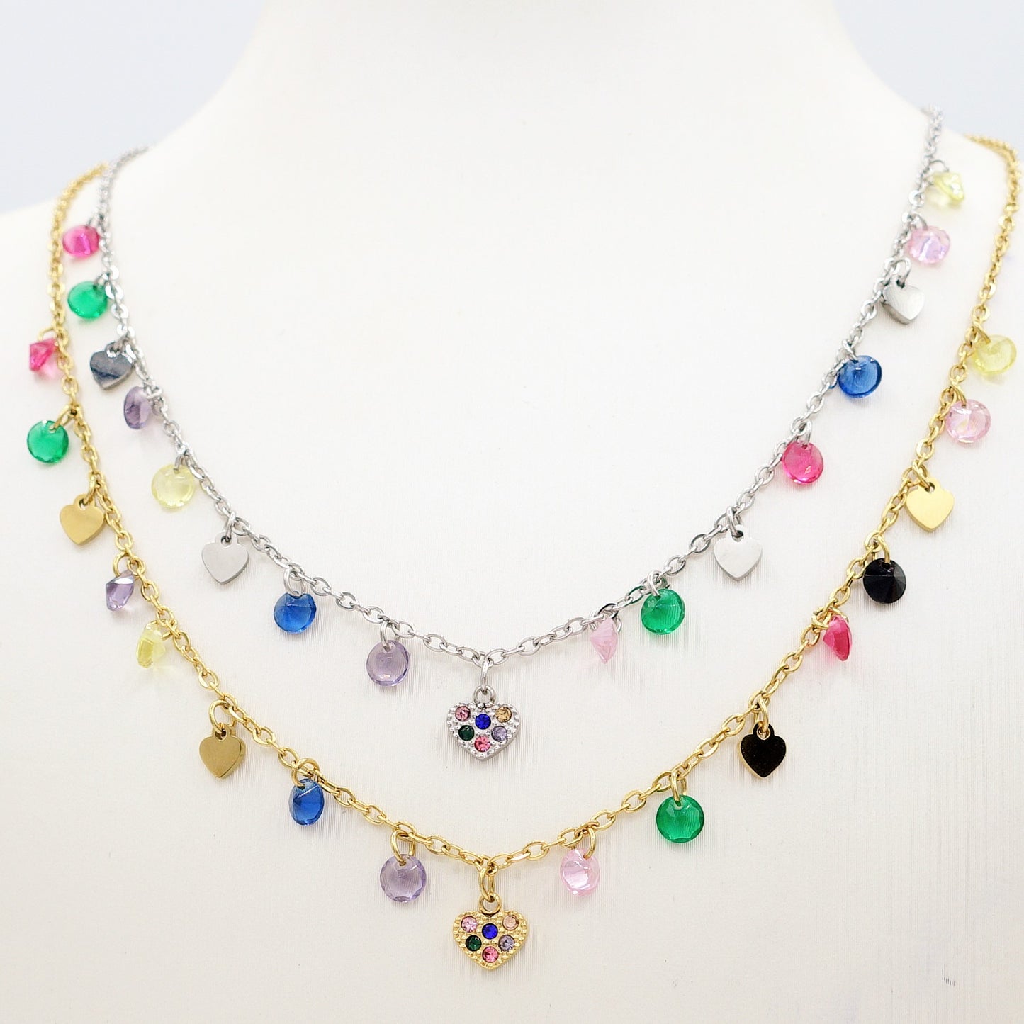 MEGAN ~ ACCIAIO INOSSIDABILE ~ Collana con ciondoli cristalli e cuoricino cubic zirconia