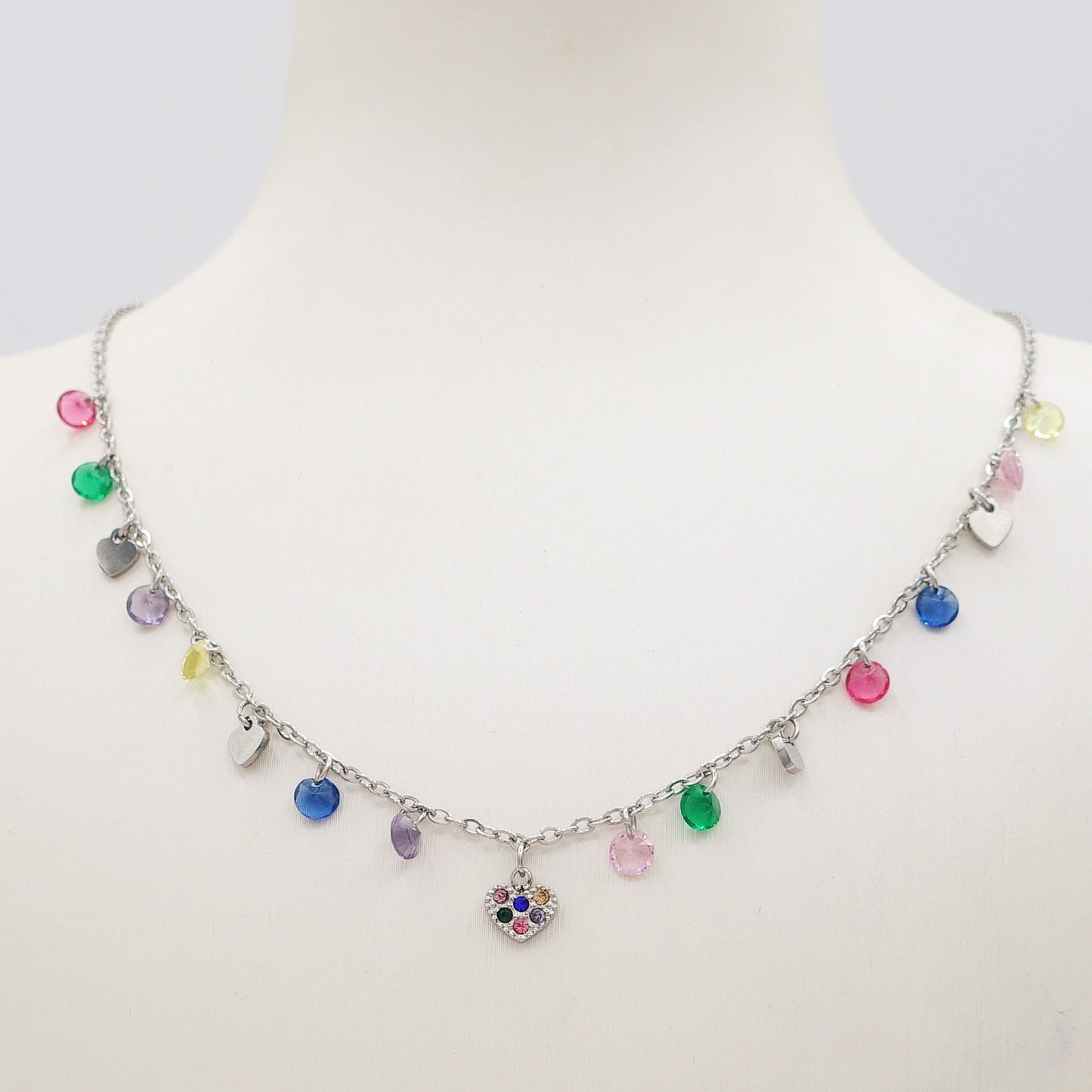 MEGAN ~ ACCIAIO INOSSIDABILE ~ Collana con ciondoli cristalli e cuoricino cubic zirconia