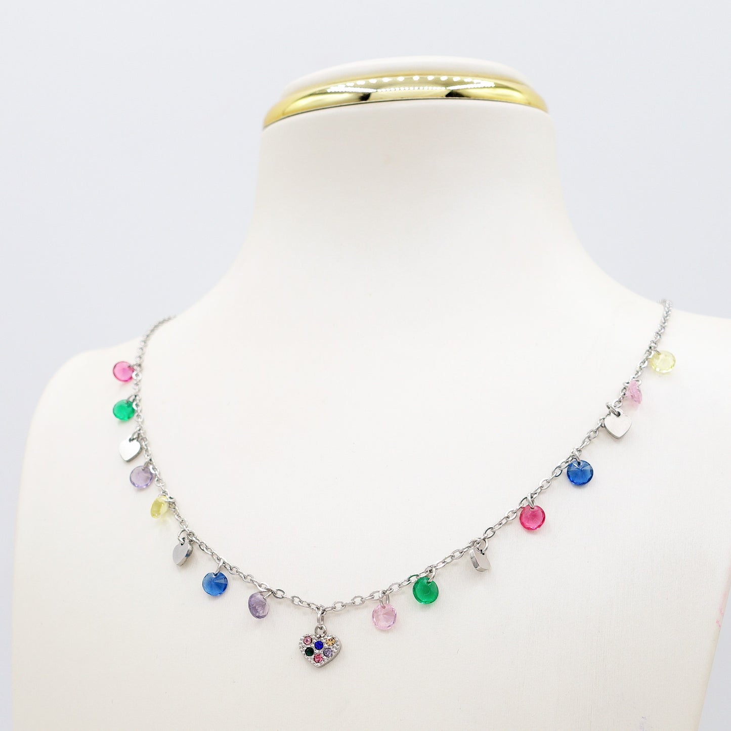 MEGAN ~ ACCIAIO INOSSIDABILE ~ Collana con ciondoli cristalli e cuoricino cubic zirconia