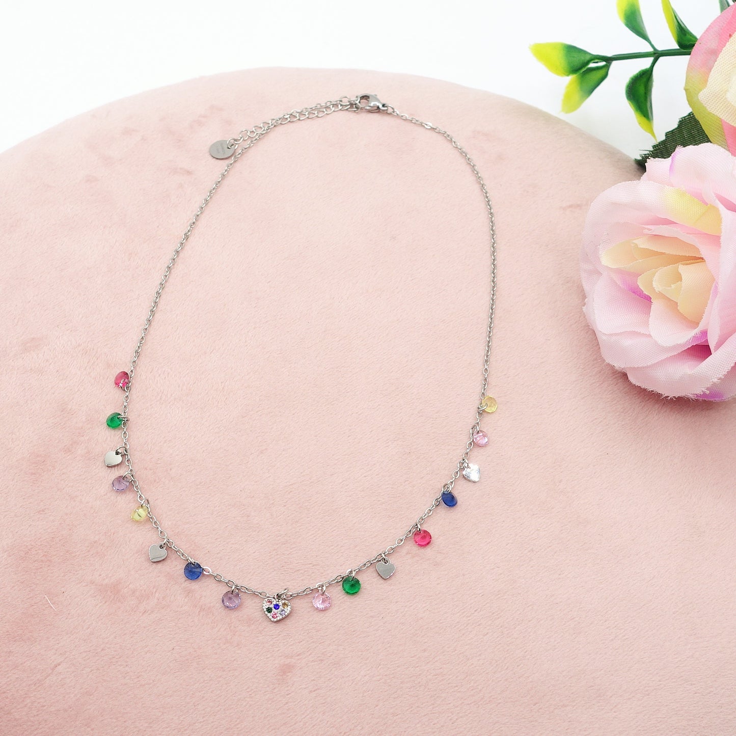 MEGAN ~ ACCIAIO INOSSIDABILE ~ Collana con ciondoli cristalli e cuoricino cubic zirconia