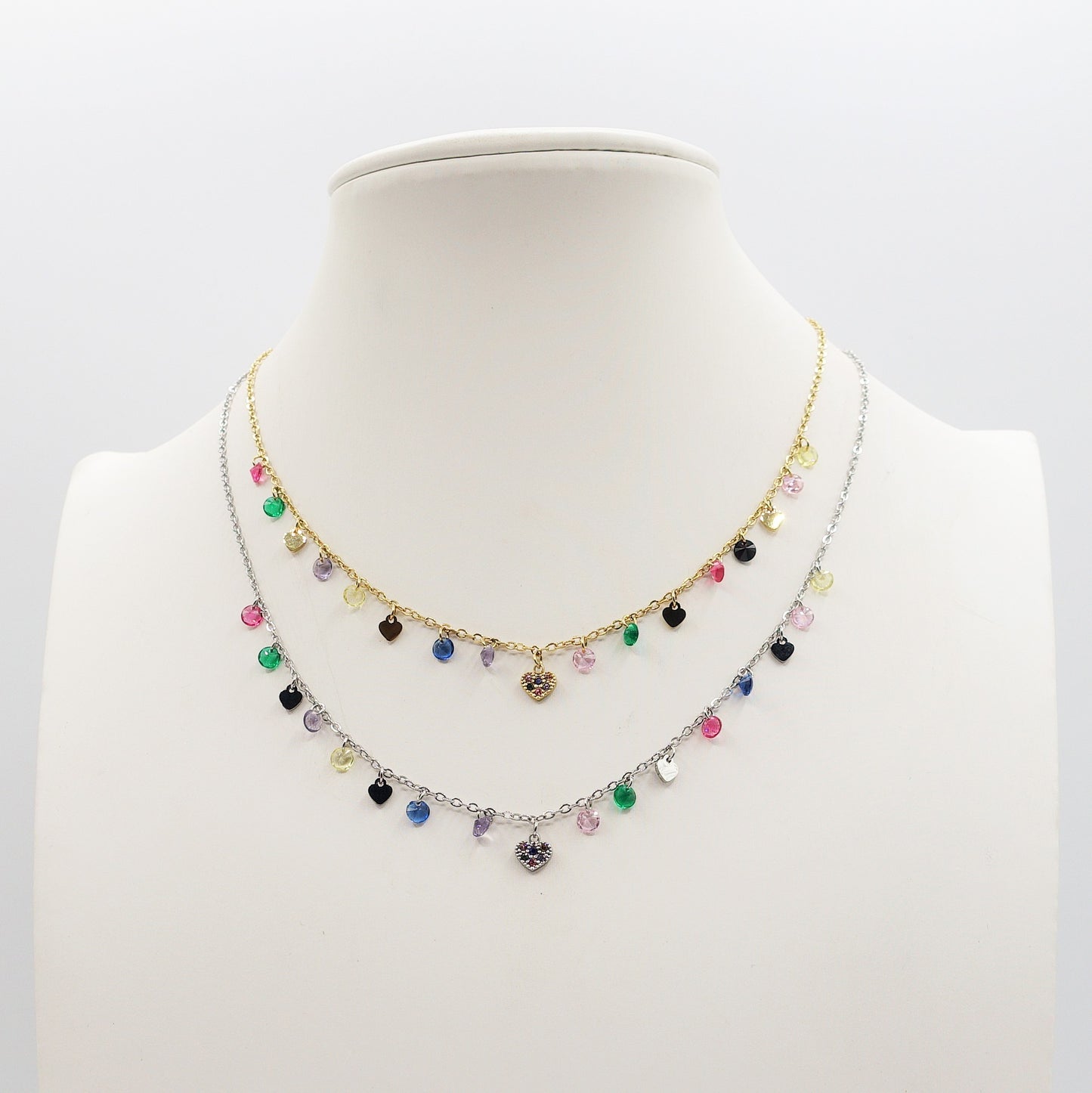 MEGAN ~ ACCIAIO INOSSIDABILE ~ Collana con ciondoli cristalli e cuoricino cubic zirconia