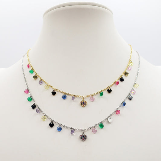 MEGAN ~ ACCIAIO INOSSIDABILE ~ Collana con ciondoli cristalli e cuoricino cubic zirconia
