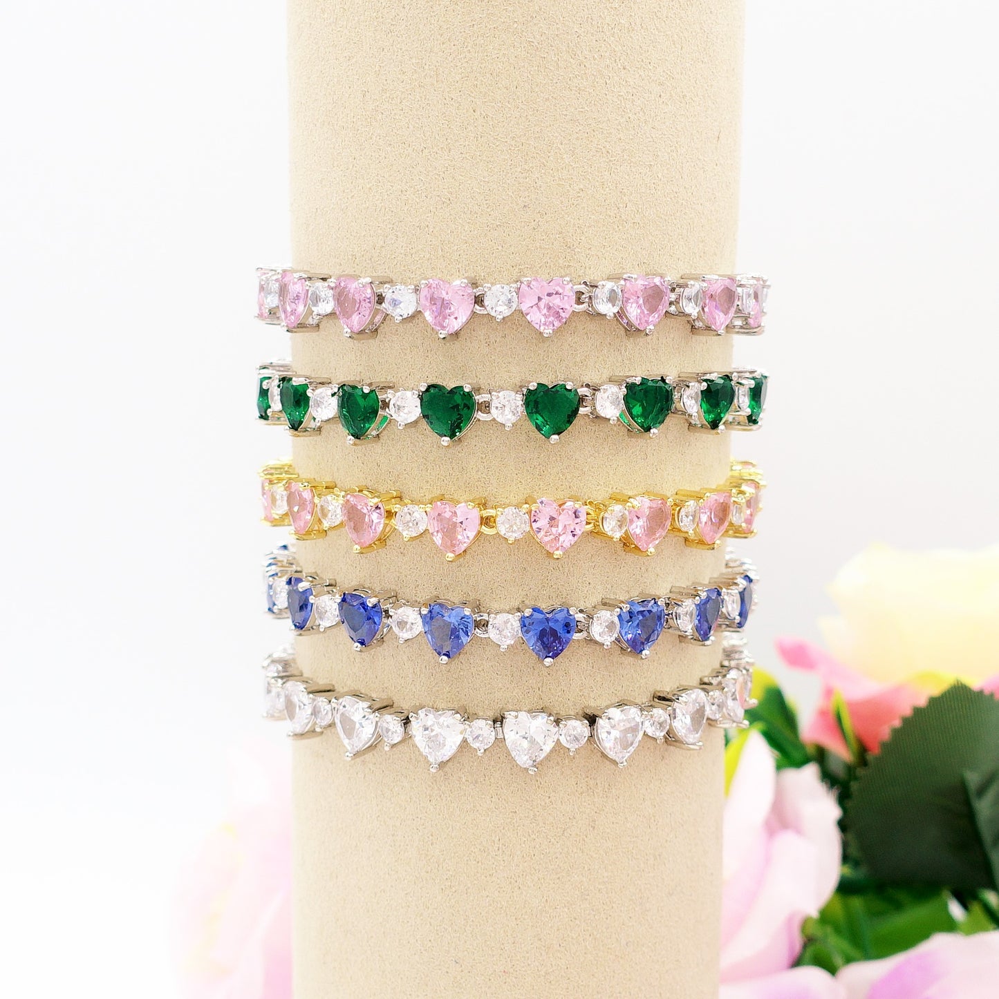 CHERIE - bracciale tennis con cubic zirconia a forma di cuori alternati