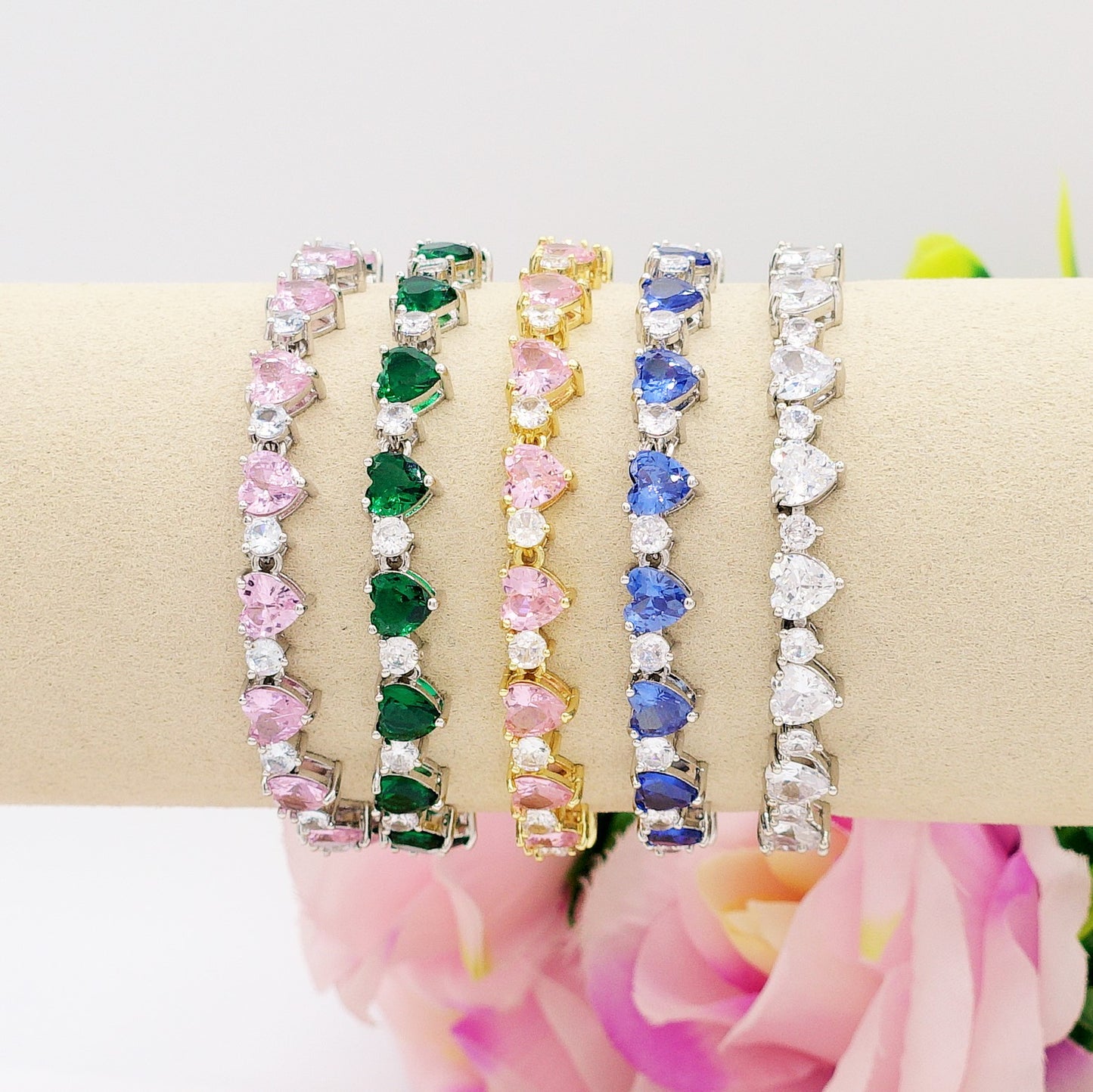CHERIE - bracciale tennis con cubic zirconia a forma di cuori alternati