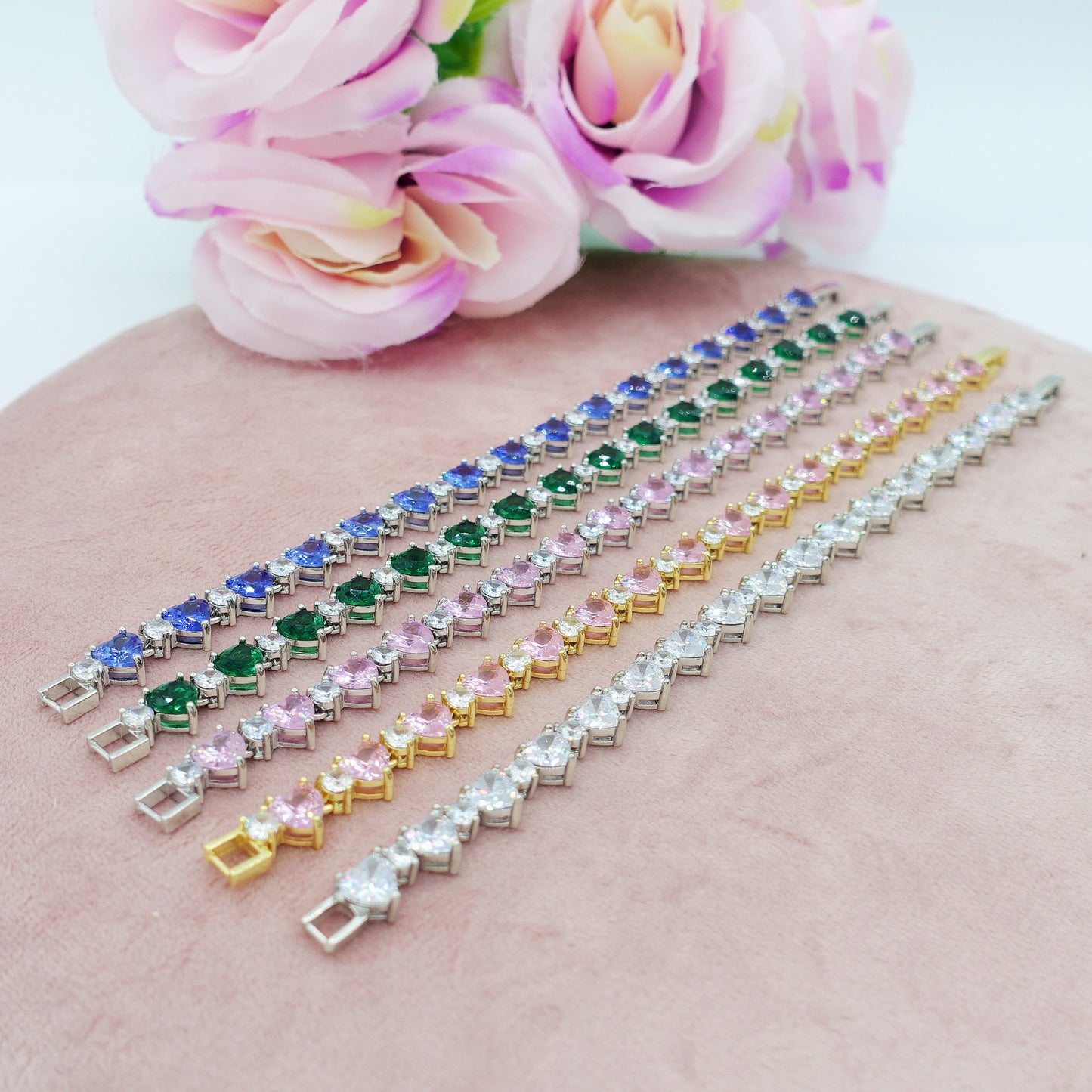 CHERIE - bracciale tennis con cubic zirconia a forma di cuori alternati