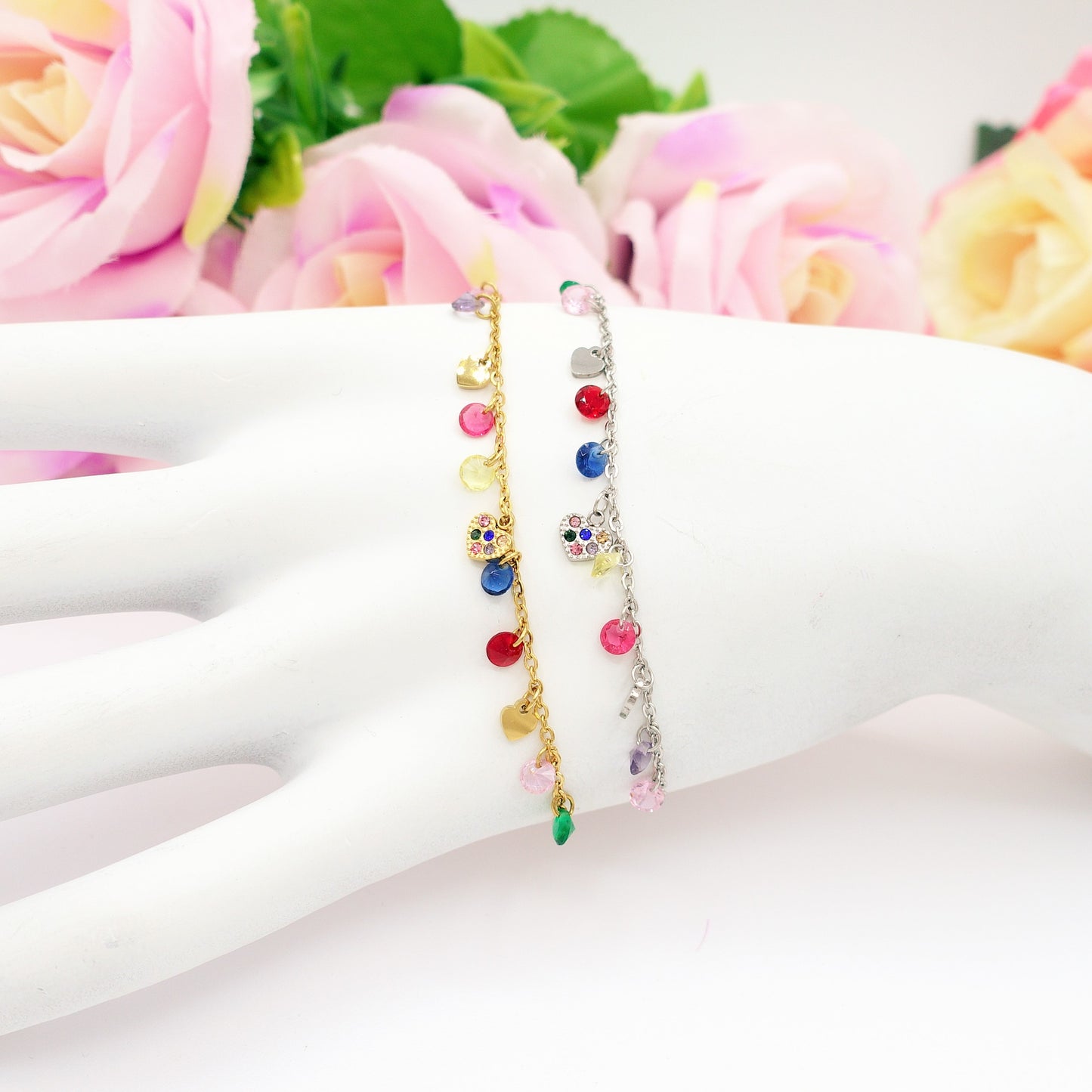 MEGAN ~ ACCIAIO INOSSIDABILE ~ Bracciale con ciondoli cristalli e cuoricino cubic zirconia